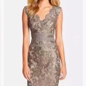 Tadashi Shoji Lace V-Neck Midi Dress in Taupe